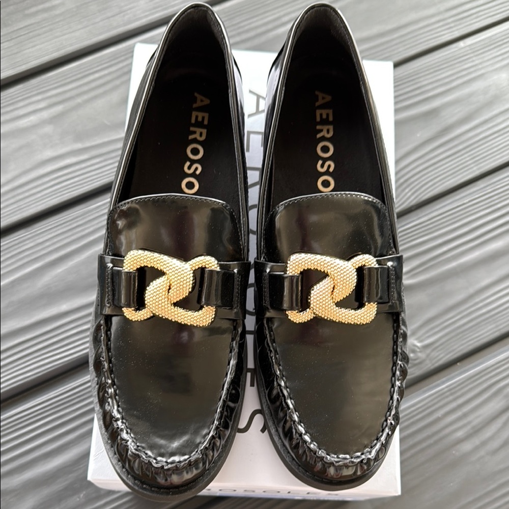 Aerosoles Black Loafers with Gold Buckle NWT